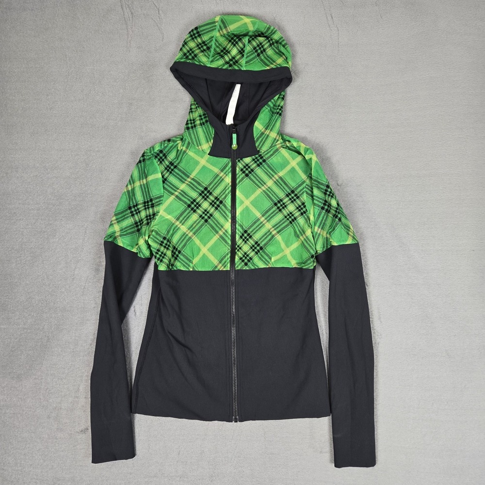 Lululemon Start It Up Reversible Hoodie Womens 8 Green Plaid Black Full-Zip RARE
